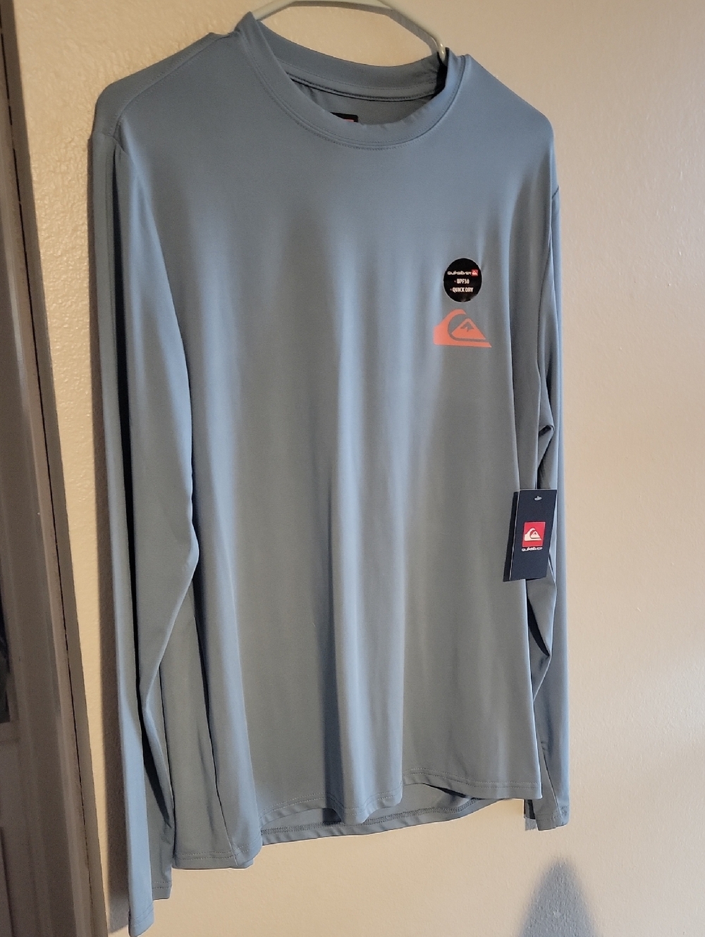 Quiksilver Men’s Long Sleeve Performance Shirt - Light Blue with Coral Logo